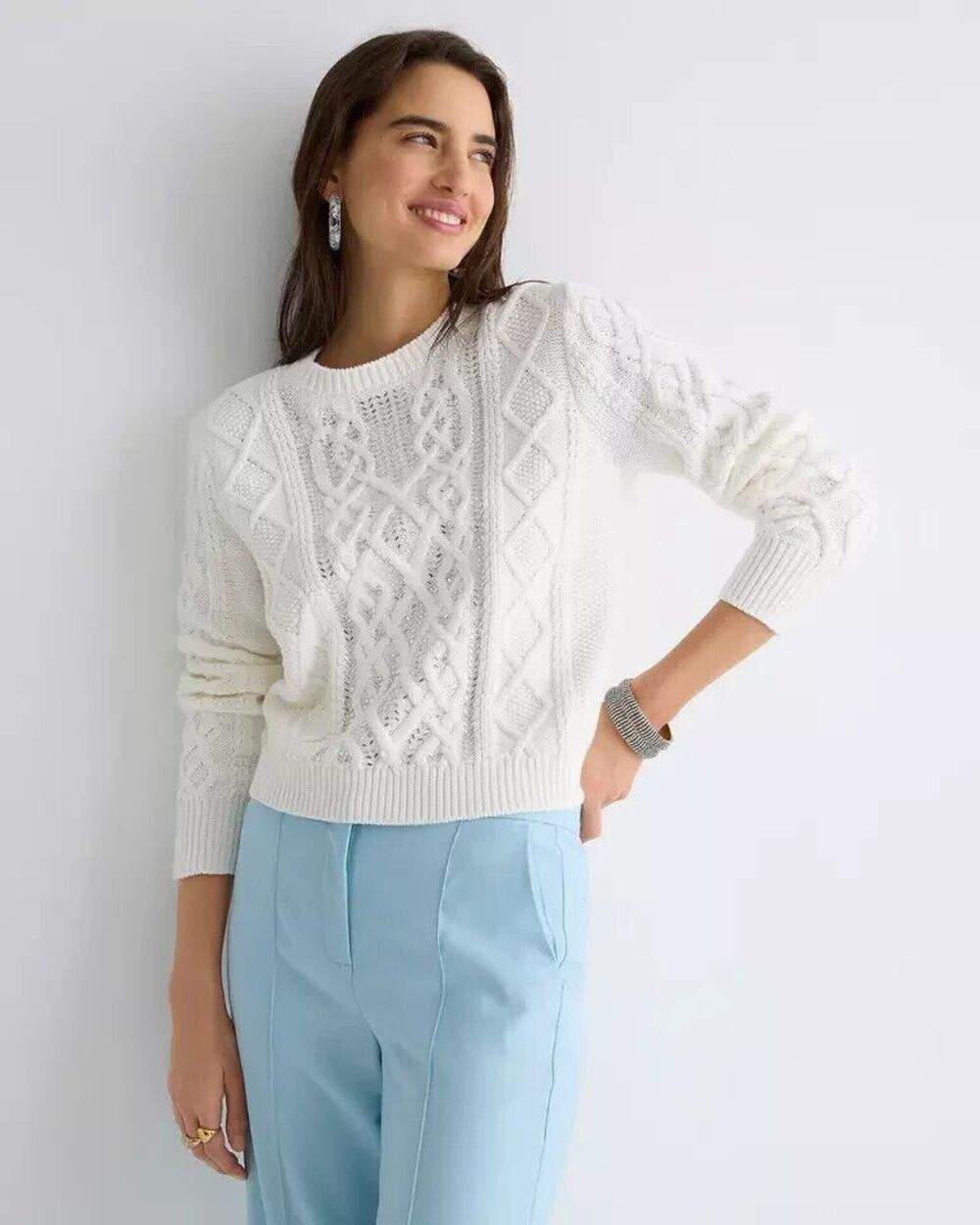 J.Crew Large Sweater Ivory Cable Knit Crewneck With Crystals Long Sleeve NWT